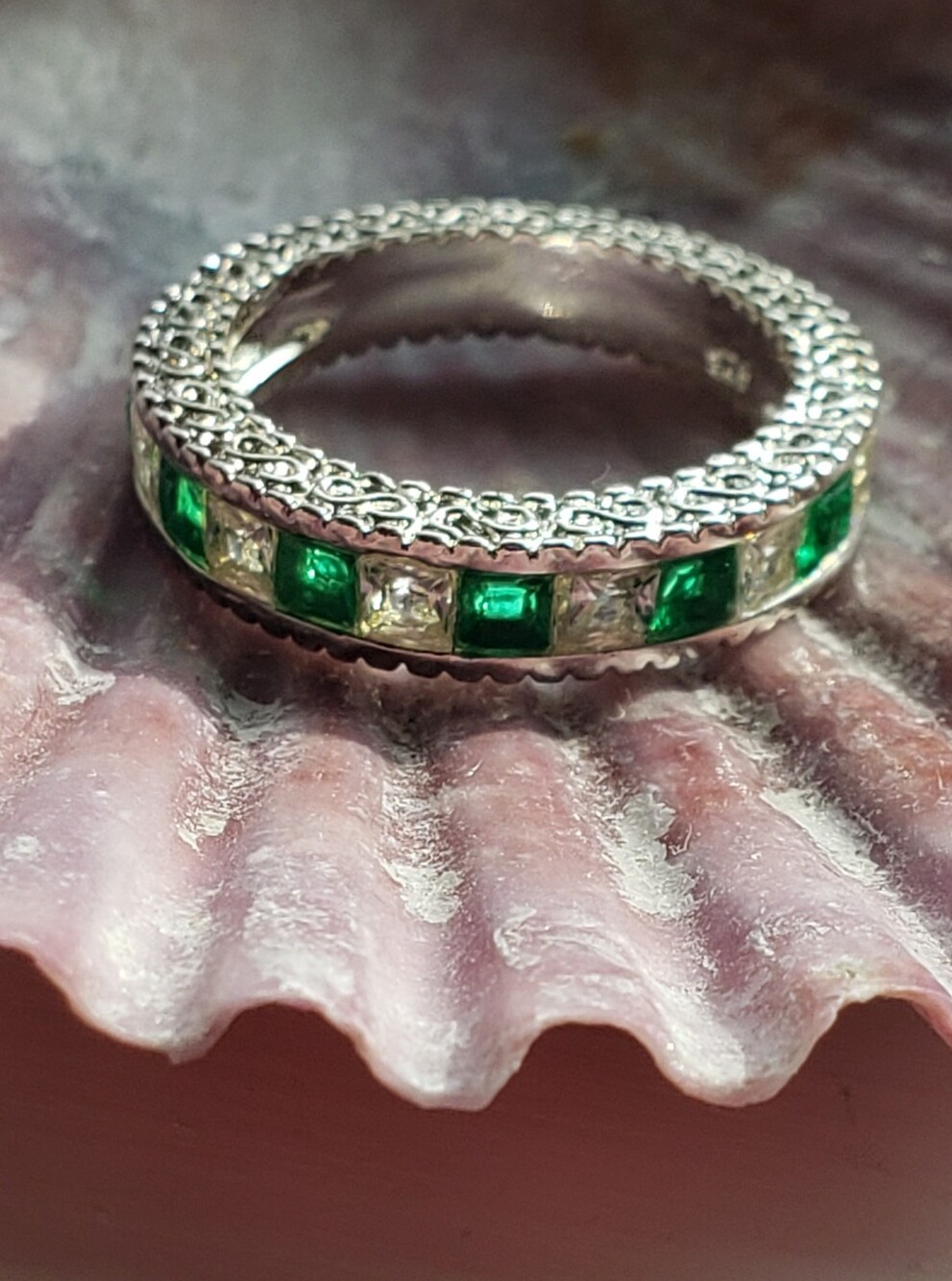 NEW SZ 5.75 EMERALD Fashion STERLING channel Art Deco Style Ring Scroll, Hallmk